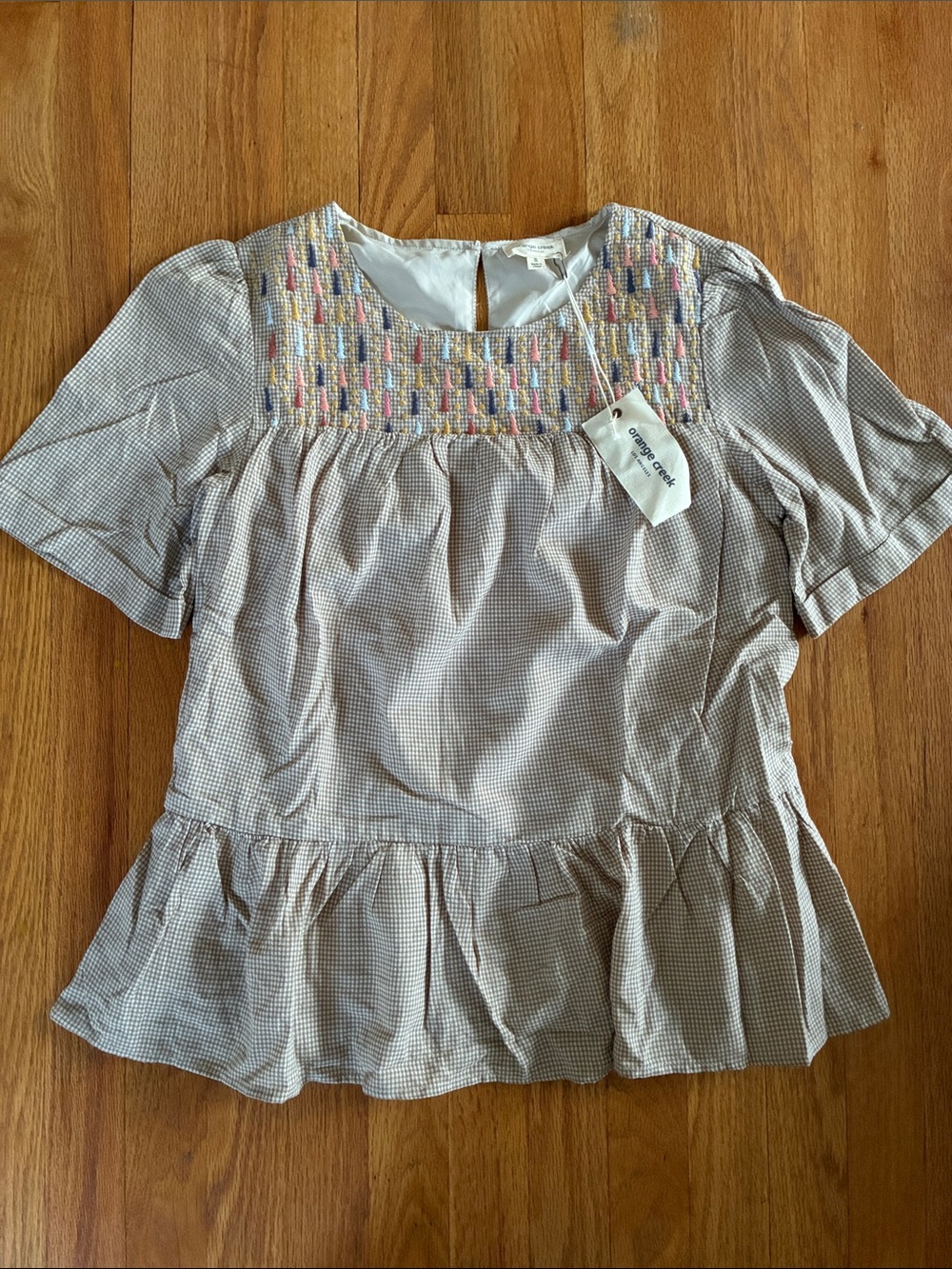 Embroidered Yoke Peplum Top - Blue, Pink, Mauve Embroidery on Light Tan Gingham